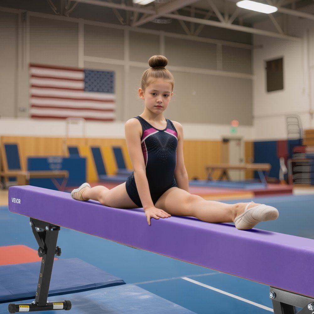 Schwebebalken Gymnastik Kinder 241 cm höhenverstellbar (5 Stufen/170/380470/540/565 mm), 158,7 kg belastbarer Gymnastikbalken, Schwebebalken für Fitnessstudio, Lila