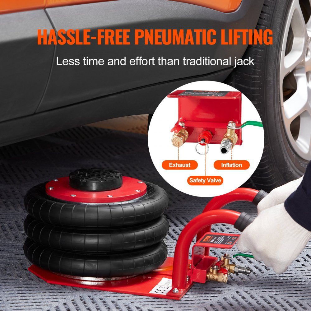 Pneumatische autokrik Triple Bag Air Jack 3T, Triple Bag Air Jack 140-450 mm hefhoogte Airbag Air Jack, 5 minuten slag korte handgreep Air Jack, autokrik rood arbeidsbesparend