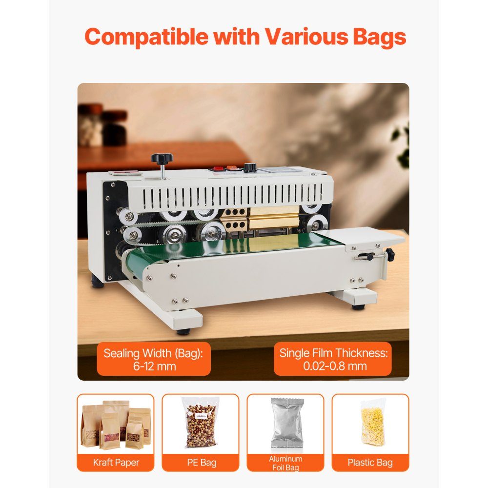 Continuous Bag Tape Welding Machine, 0.24-0.47"/6-12mm Welding Width, Horizontal Belt Welding Machine with Digital Temperature Control, Bag Welder for 0.02-0.8mm Plastic Bags with Counting Function