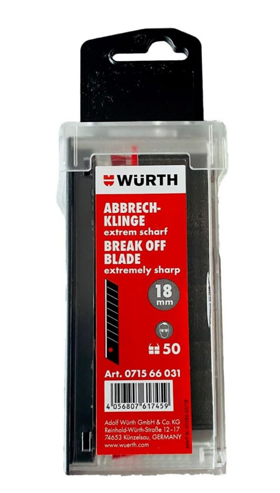 Würth 50x Abbrechklingen schwarz 18mm extrem scharfes Schiebe-Spender-Cuttermesser