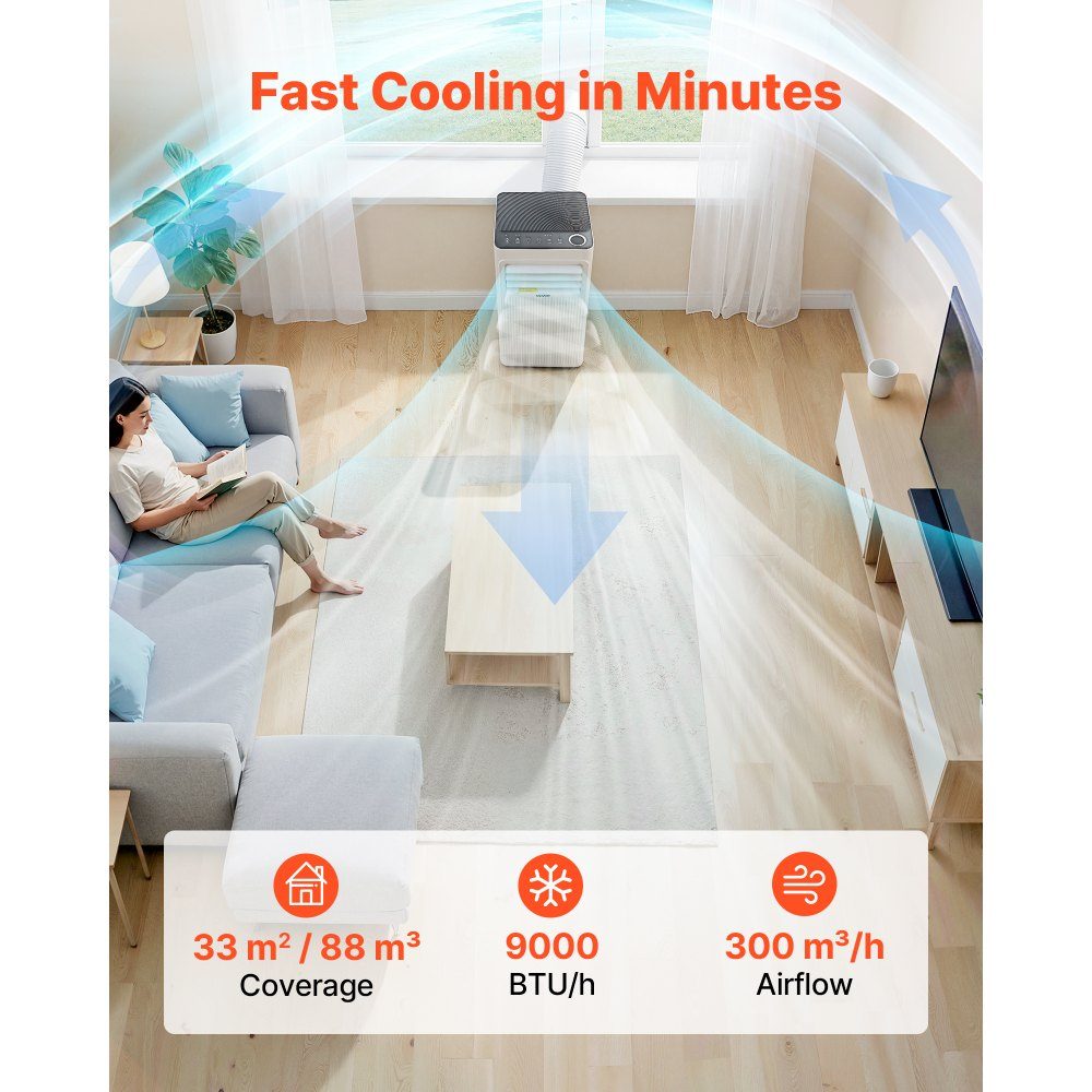 Mobile Klimaanlage 9000 BTU 2,6 kW mit Abluftschlauch, 3-in-1 mobile Klimaanlage mit Kühlung, Belüftung, Entfeuchtung, tragbare Klimaanlage mit LED-Display, Fernbedienung, 24-Stunden-Timer für Innenräume
