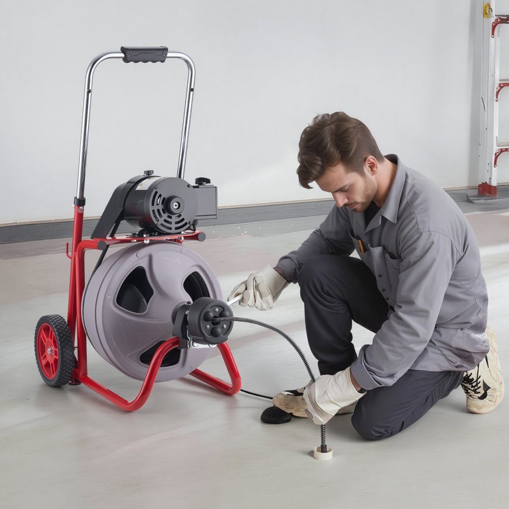 Rohrreinigungsmaschine 30 m x 9,5 mm, Rohrreinigungsgerät mit automatischem Vorschub, 8 Schneidwerkzeugen & pneumatischem Fußschalter, Rohrreiniger für Rohrdurchmesser von 50 bis 100 mm