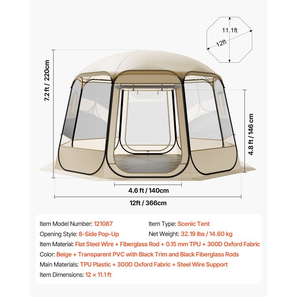Pop-Up-Blasenzelt, 366 x 345 x 220 cm, transparentes Campingzelt, Gartenkuppel-Iglu-Zelt mit Fenstern, Sportzelt, 540°-Panoramablick für 10–12 Personen, Terrasse, Hinterhof