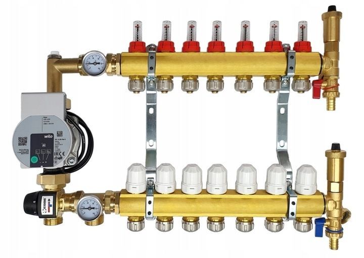 Distributeur de circuit de chauffage Distributeur en laiton pour chauffage au sol à 7 circuits avec mitigeur Esbe et groupe de pompes Wilo Distributeur de circuit de chauffage Distributeur en laiton pour chauffage au sol à 7 circuits avec mitigeur Esbe et groupe de pompes Wilo