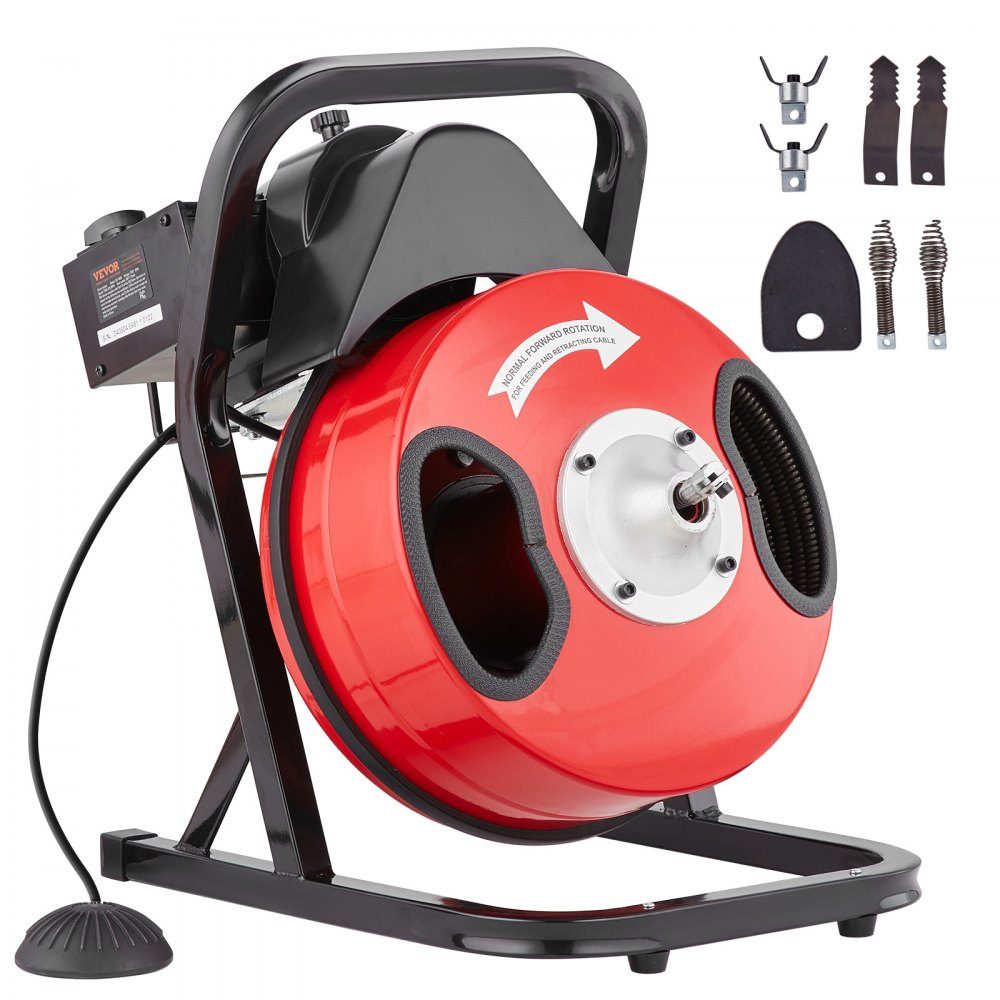 Rohrreinigungsmaschine 50 FT x 1/2 Zoll manuelles Rohrreinigungskabel – mit 4 Schneidern und luftaktiviertem Fußschalter für 2 bis 4 Zoll Rohre