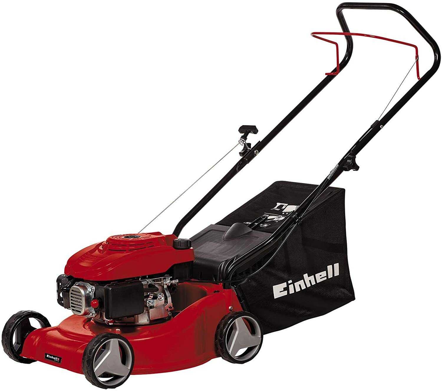 Einhell Benzin-Rasenmäher GC-PM 40 (1,2 kW, 3-stufige Einzelrad-Höhenverstellung, klappbarer Holm, stabiles Kunststoffgehäuse, Fangsack mit Füllstandsanzeige, für 800 m²)