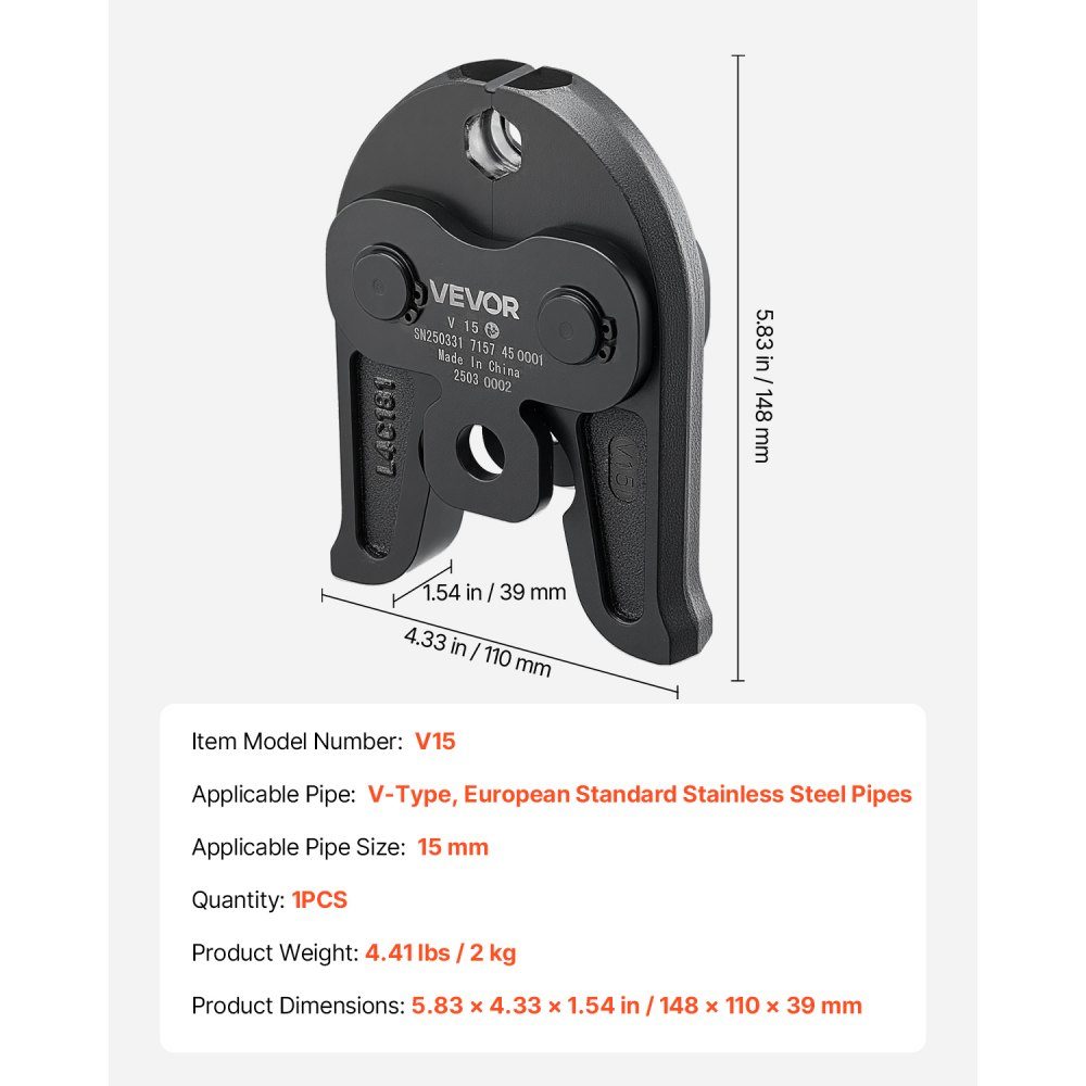 Mâchoire de sertissage V15, pince à sertir 15 mm pour tubes en acier inoxydable de type V, mâchoires de sertissage en acier, compatible avec les outils de sertissage standards, les systèmes de chauffage, de ventilation et de climatisation, les conduites d