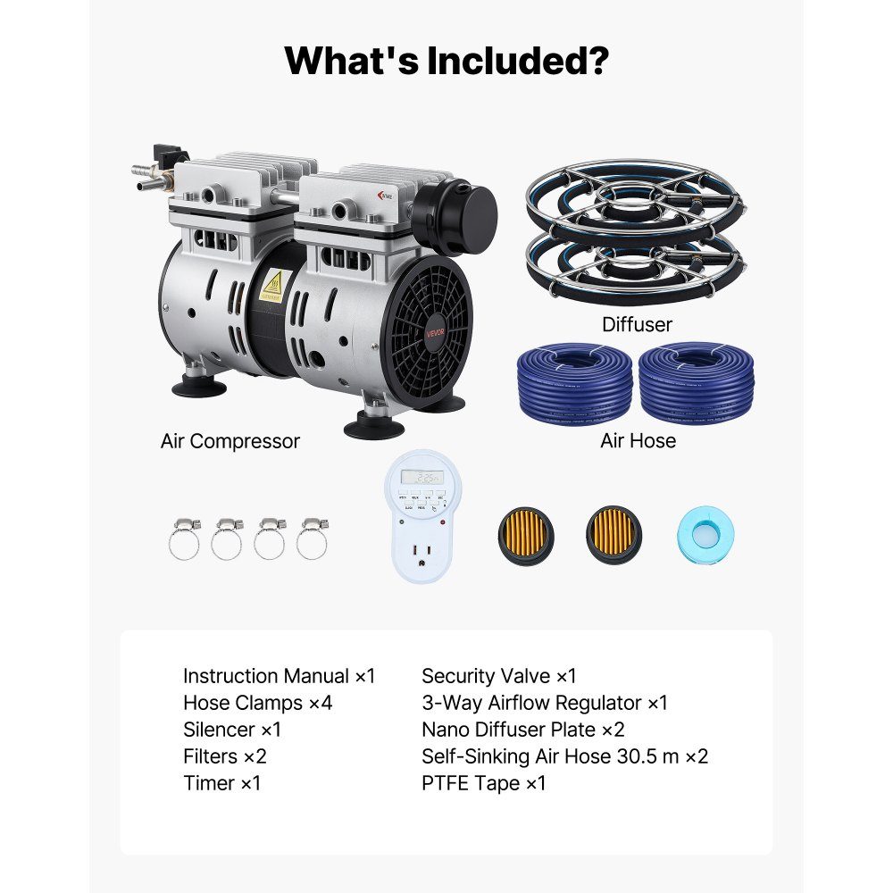 Pond Aerator, Pond Aeration System Kit, Includes 590W Air Pump, 30.5m Air Hose, 2 x 360° Nano Diffuser Plate, Air Compressor for Oxygen Circulation for Pond, Water Garden