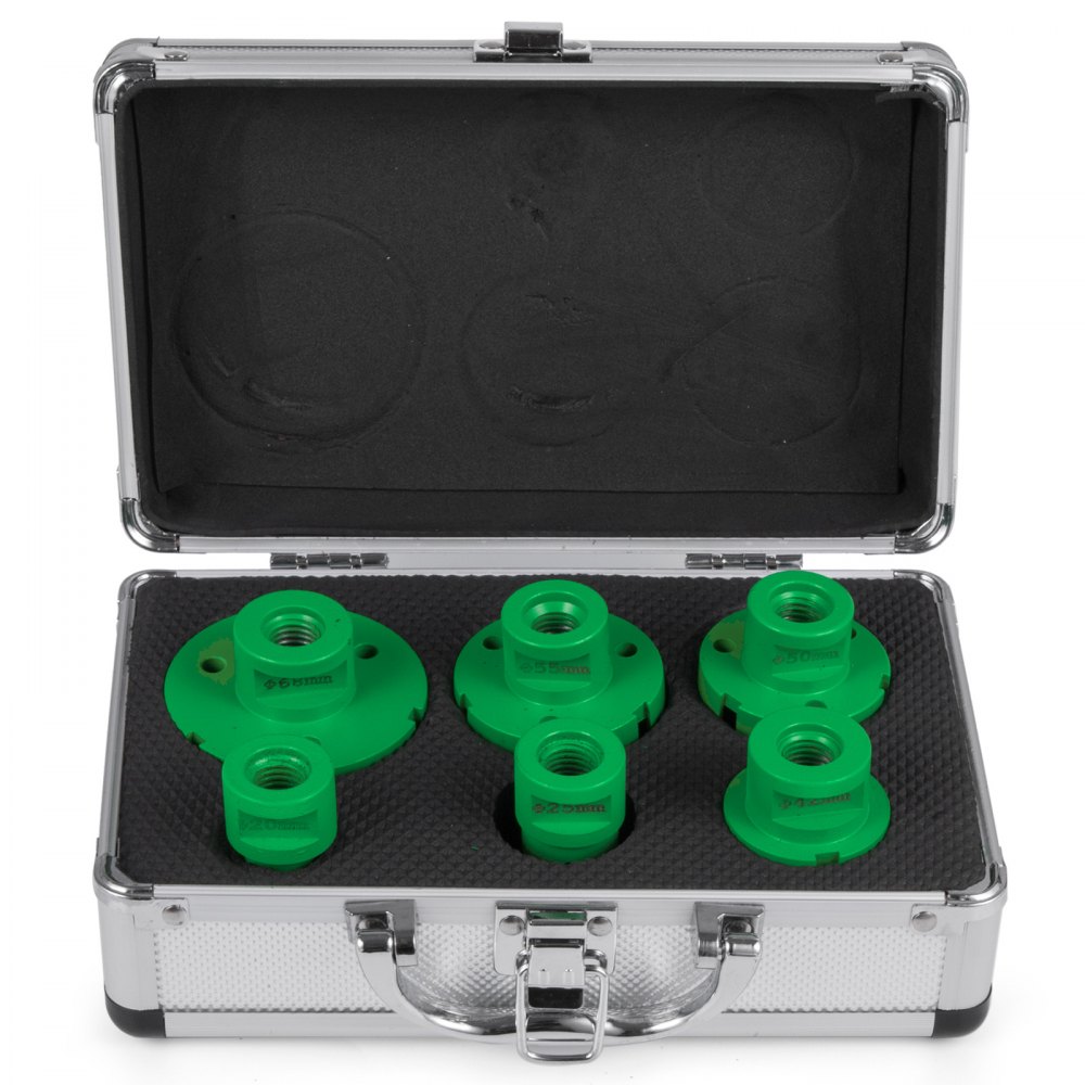 Diamantgatzaag 20, 35, 38, 43, 50, 60 mm, tegelboor gatenzaag M14 draad, diamantboor 60 mm boorlengte, glasboor met 6 boren, gereedschapskist, folielasmachine voor tegels