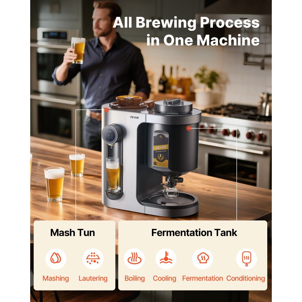 Automatische Bierbrauanlage 13L, 1500W Bierbraumaschine, All-in-One-Heimbrauanlage mit Maische- und Kochgerät, 304-Edelstahl-Innentank, DIY-Bierbrauen