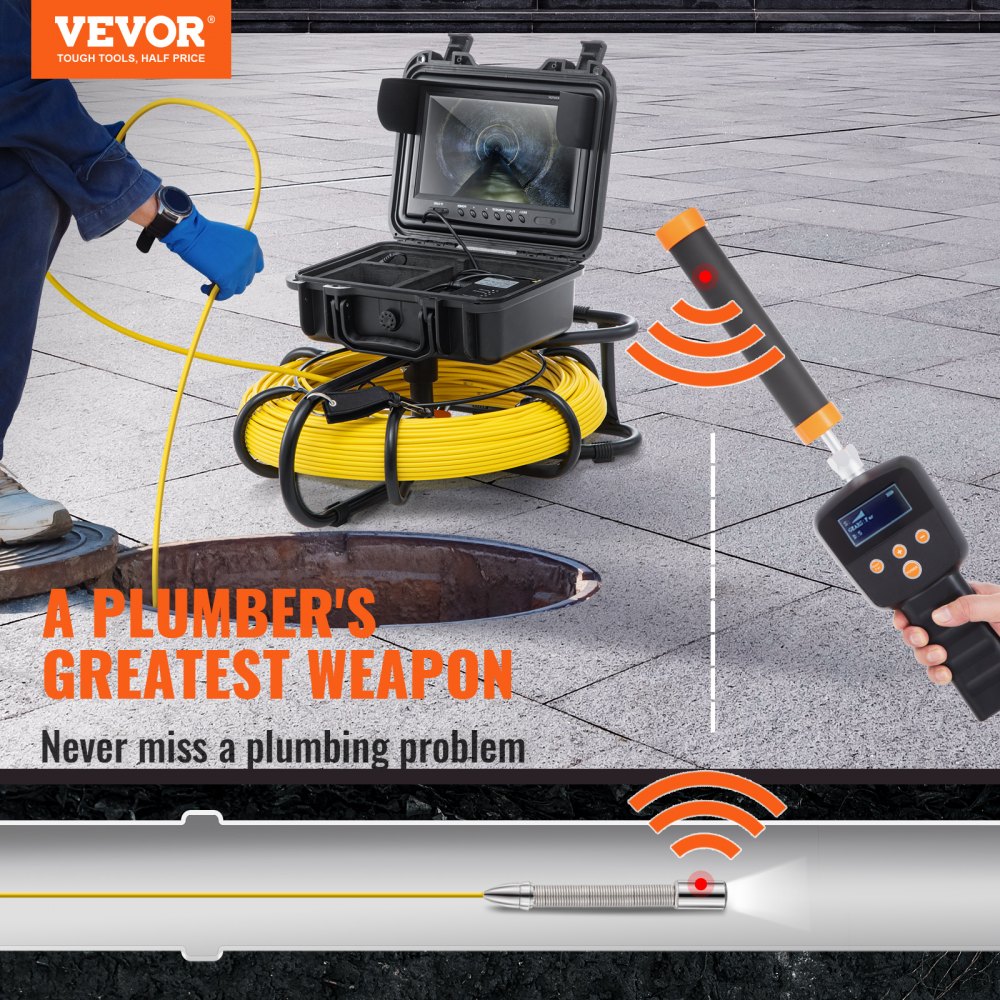 Sewer Camera with 512Hz Locating, 91.5m, 23cm Pipe Inspection Camera with DVR Function, IP68 Camera with 12 Adjustable LEDs, a 16GB SD Card for Sewer Pipe, House, Sewer, Drain Pipe Sewer Camera with 512Hz Locating, 91.5m, 23cm Pipe Inspection Camera with DVR Function, IP68 Camera with 12 Adjustable LEDs, a 16GB SD Card for Sewer Pipe, House, Sewer, Drain Pipe