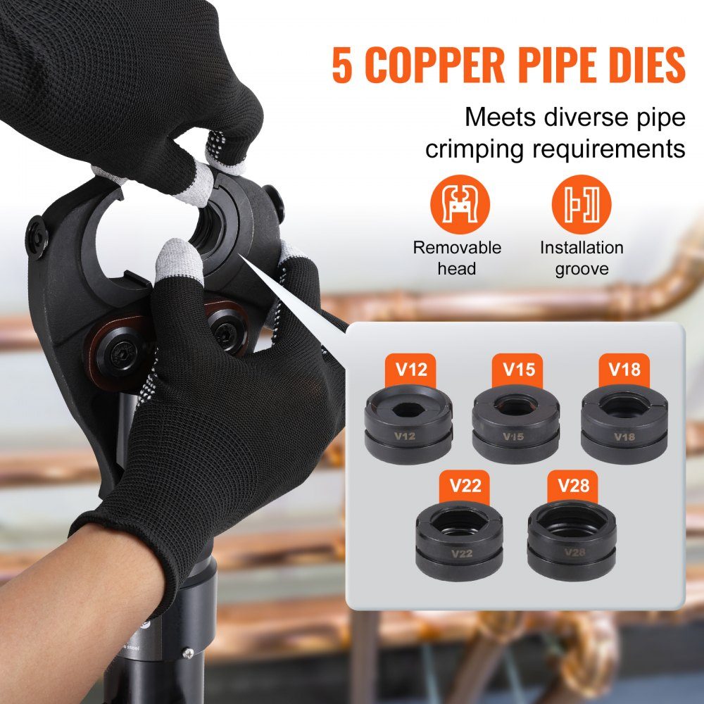Hydraulic pipe crimping tool for copper pipe connections, pressing pliers with V12, V15, V18, V22, V28 quick-change jaws, 360° rotating press set for T-connections in tight spaces, hydraulically powered