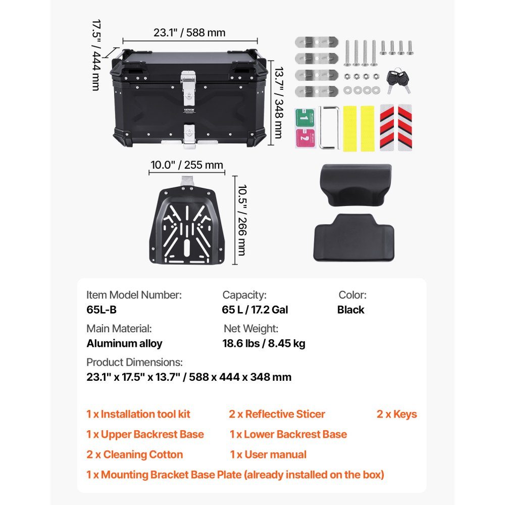 Motorcycle Top Box, Motorcycle Case, 65L, Aluminum Alloy Rear Box with Leather Lining, Removable Motorcycle Top Box with Lock and Back Pad, Helmet Case (565 x 500 x 380mm), Black