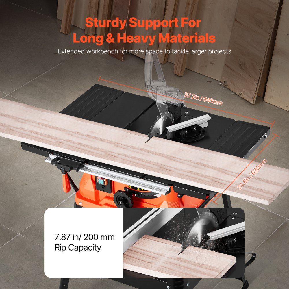 Scie à table avec support, 254 mm, 1800 W, scie circulaire de chantier, 200 mm max. performance de coupe, vitesse de coupe de 4800 tr/min, lame de scie avec 24-Zahn-, scie à onglet pour la construction de bois et de meubles