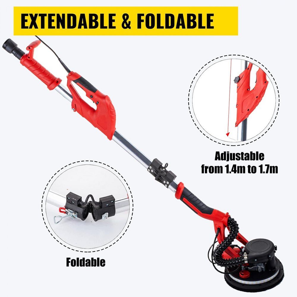 Roterende muurschuurmachine 750W, opvouwbare gipsplaatschuurmachine met telescoopsteel, variabel toerental 800-1750 tpm, muurschuurmachine met LED-lichtbalk en stofzak