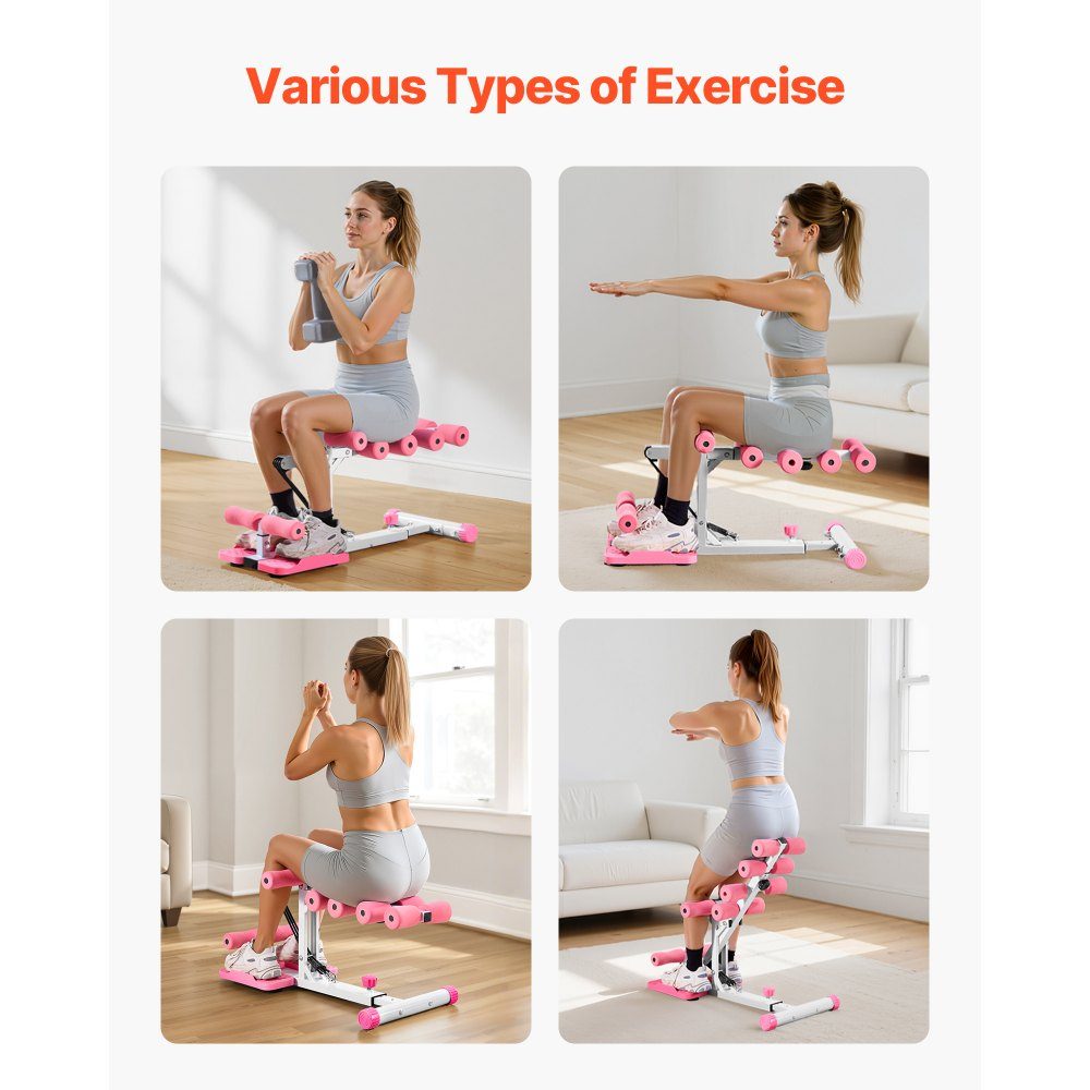 Deep Squat Machine, Adjustable Glute Trainer with 3 High Strength Resistance Bands, Folding Core and Glute Trainer, Push Up Exerciser for Home Gym, Pink + White