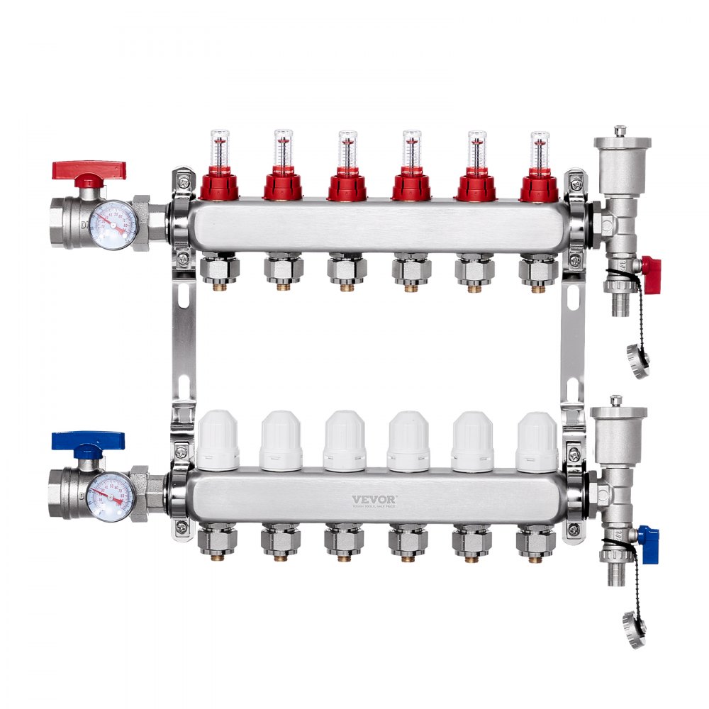 Warmteverdelingsverdeelstuk met 6 aftakkingen, 1/2" PEX-buisverdeelstuk, roestvrijstalen PEX-verdeelstuk voor hydronische vloerverwarming, PEX-verdeelstukset voor warmtedistributie met 1/2" adapters inbegrepen Warmteverdelingsverdeelstuk met 6 aftakkingen, 1/2" PEX-buisverdeelstuk, roestvrijstalen PEX-verdeelstuk voor hydronische vloerverwarming, PEX-verdeelstukset voor warmtedistributie met 1/2" adapters inbegrepen