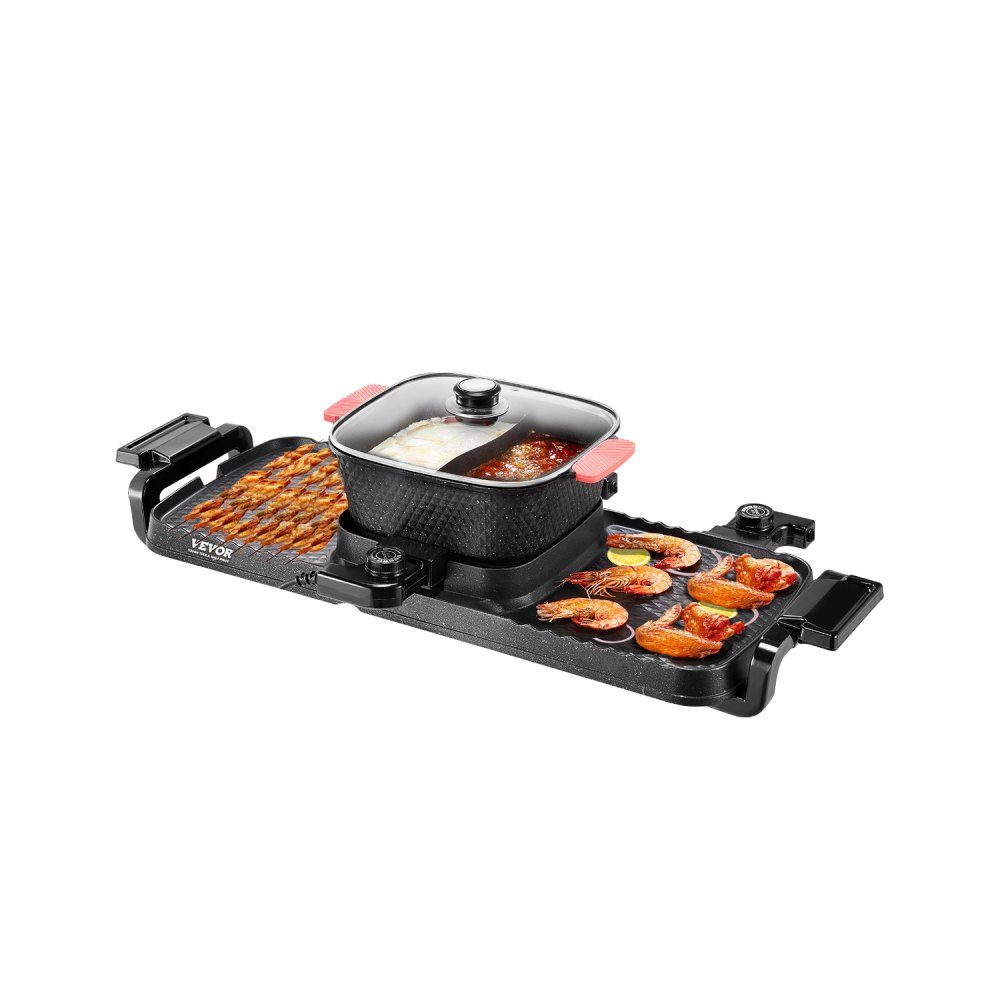 Hot Pot 2300 W 2-in-1 elektrischer rauchfreier Grill, abnehmbarer Shabu-Shabu-Topf mit Antihaft-Pfanne, separate Doppeltemperaturregelung, koreanischer Indoor-BBQ-Grill für 1–6 Personen