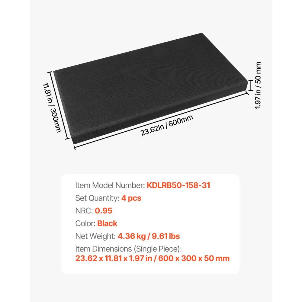Akustikplatten, 4 Stück, 600 x 300 x 50 mm, schallabsorbierende Glasfaserplatten, selbstklebende Akustikwandpaneele, für Studios, Büros, Heimkinos, Konferenzräume, schwarz
