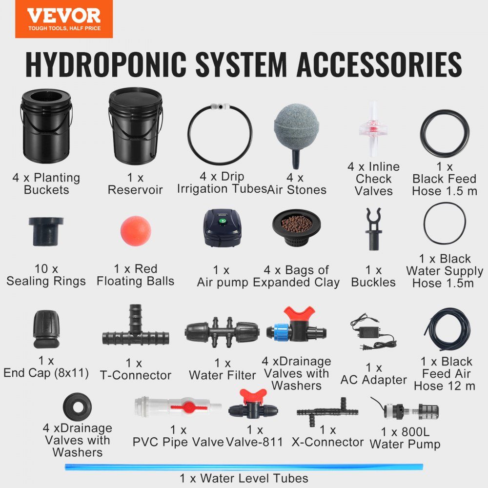 RDWC Hydroponic Growing System, Hydroponic Growing Kit with Drip Top, Circulation Deep Water Culture, 4 Buckles and 1 Reservoir, with Air Pump and Water Level Indicator for Leafy Vegetables