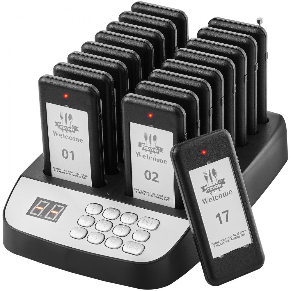Restaurant Pager System, Wireless Queue Signal with 500m Range, Guest Call Beeper with Vibration and Flashing, 16 Pagers for Food Truck, Church
