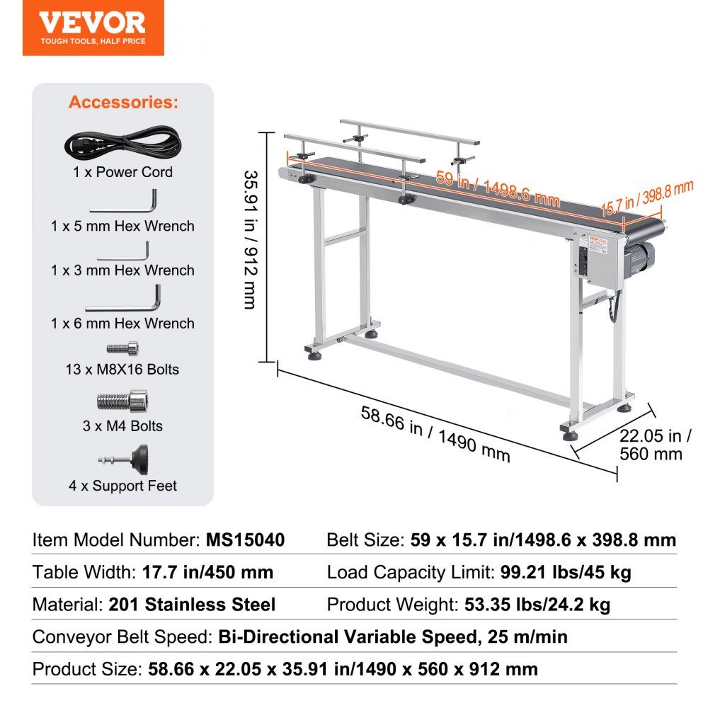 Belt Conveyor 1498.6 x 398.8mm Conveyor Table Motorized Belt Conveyor for Inkjet Coding Applications Powered PVC Belt Anti-Static Adjustable Speed ​​(Double Guardrail)