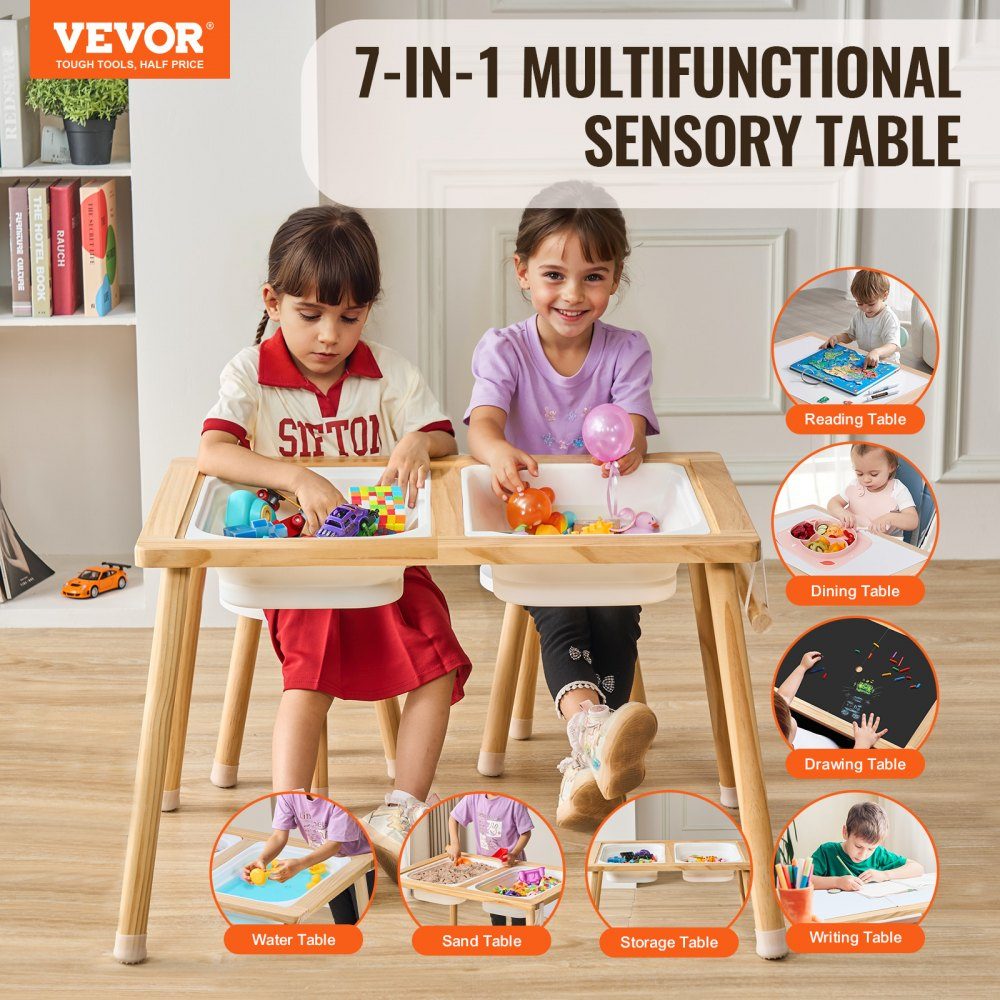 Sensorische placemat, activiteitentafel, kinderzitset en zand- en waterspeeltafel met 2 krukken en 2 opbergbakken en papierrolhouder, houten kindertafel - cadeau voor kinderen