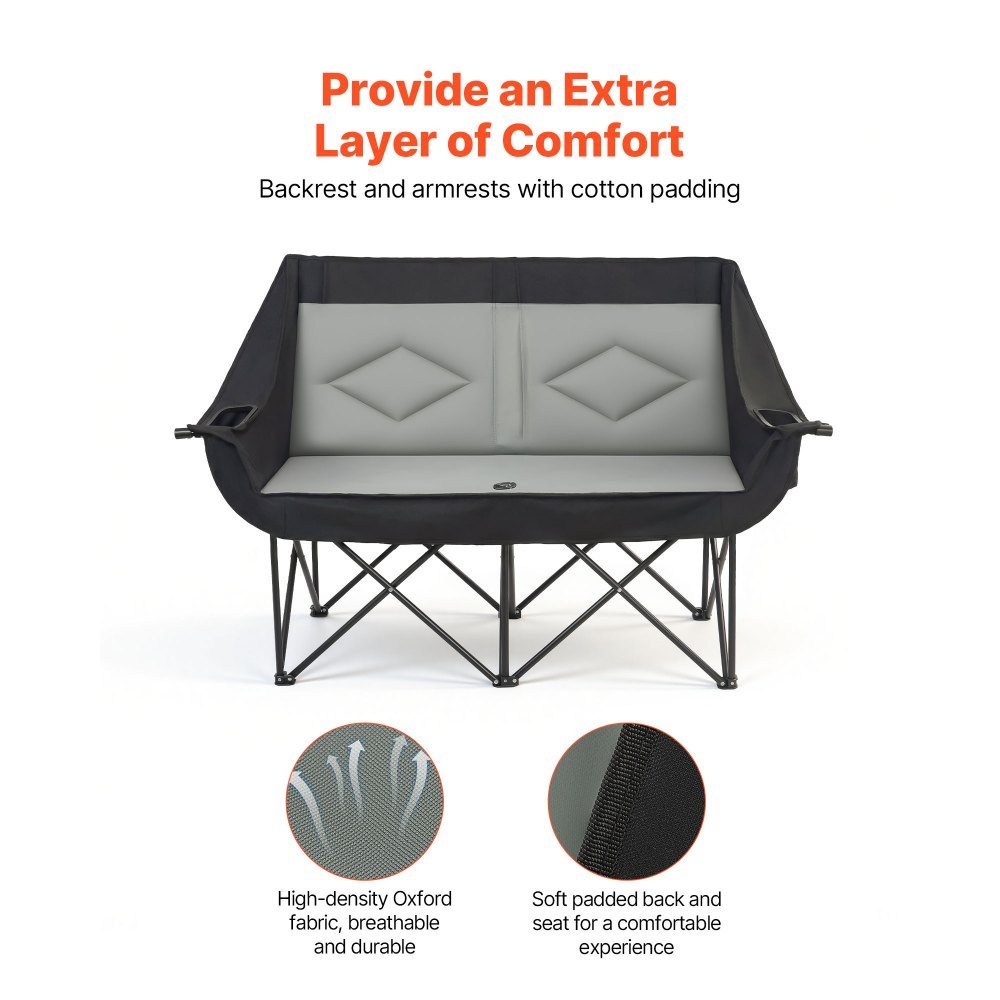 Camping Chair for 2 People, Folding Chair, 300kg Load Capacity, Fishing Chair with 2 Drink Holders & Wine Glass Holders & Magazine Holders & Carry Bags, for Outdoor Activities Fishing 1 Piece