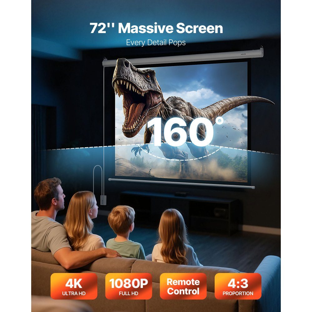 Motorized Projection Screen, 1829mm 4:3 1080 HD Electric Projection Screen, Wall Mounted Projector with Remote Control, Automatic Movie Screen for Family Home Office Cinema