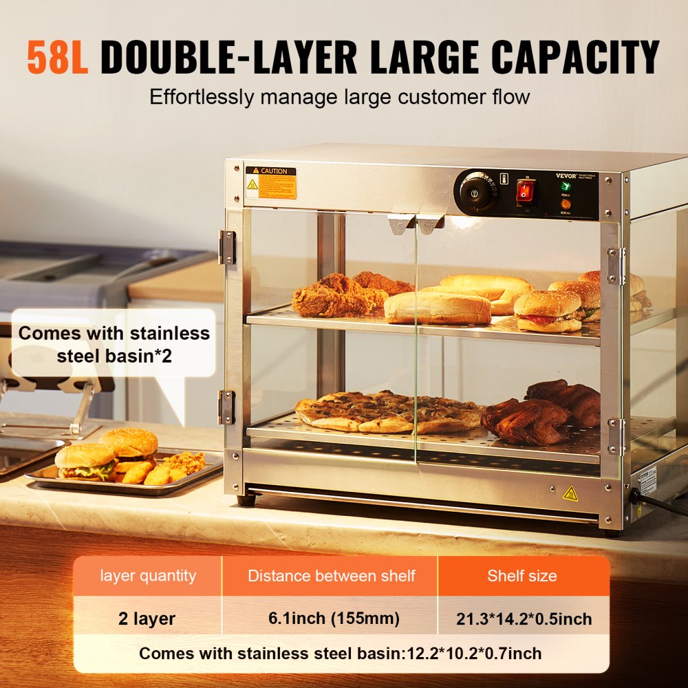 Chauffe-plats commercial à 2 étages, chauffe-plats 800 W avec lumière pour améliorer la présentation des aliments, contrôle de la température de 30 °C à 85 °C, grande capacité de 58 L pour hamburger, pizza, pain, poulet frit Chauffe-plats commercial à 2 étages, chauffe-plats 800 W avec lumière pour améliorer la présentation des aliments, contrôle de la température de 30 °C à 85 °C, grande capacité de 58 L pour hamburger, pizza, pain, poulet frit