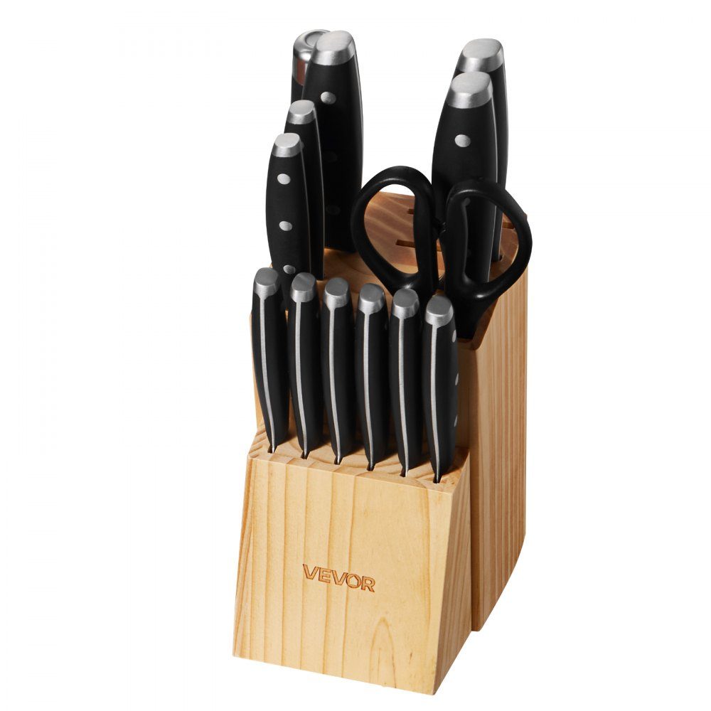 Kitchen knife set with knife block (wood) & sharpening steel, 15 pieces. Knife set, high carbon stainless steel knives, kitchen cutlery with ergonomic handle and kitchen scissors for home cooks