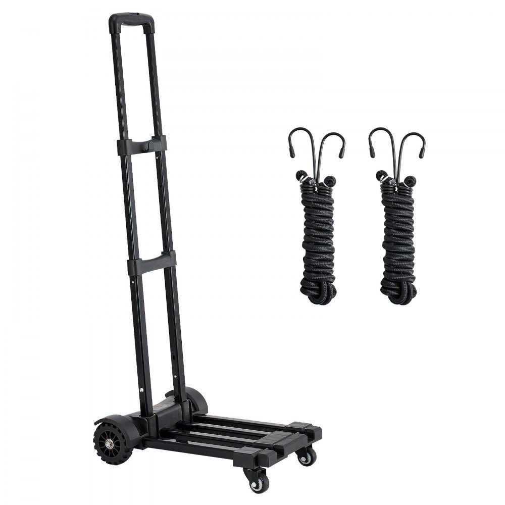 Diable pliable, capacité de charge de 131,5 kg, camion de transport à 4 roues, 2 cordes élastiques et base extensible, chariot de transport pour aéroport, bagages, déménagements de bureau, noir, 530x320x970mm