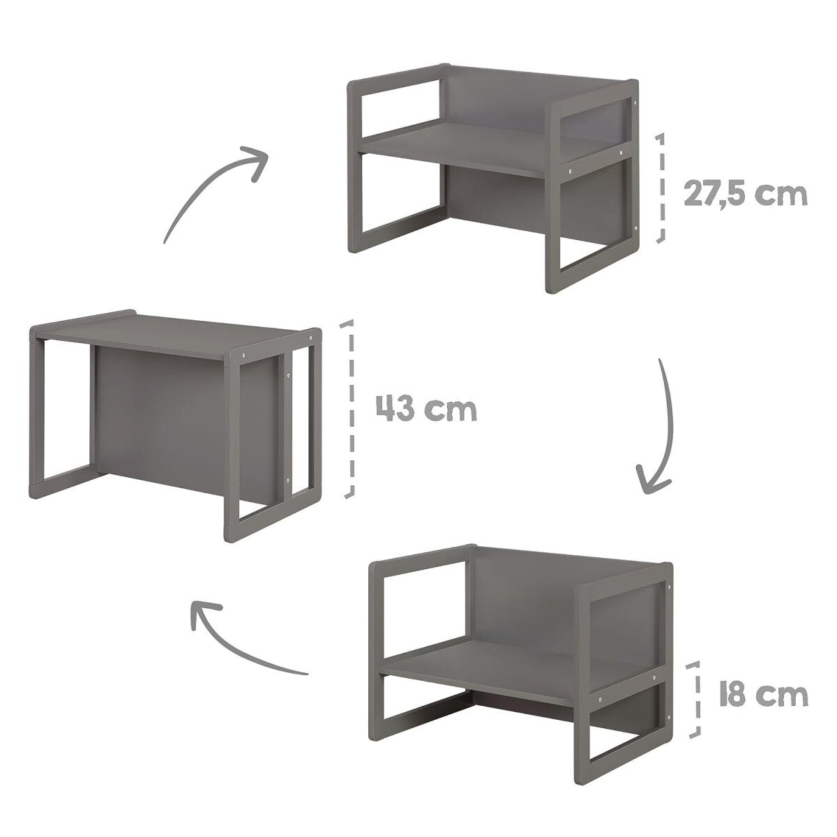 roba children's seating group 3in1 - reversible stool & table - convertible into a children's bench, anthracite
