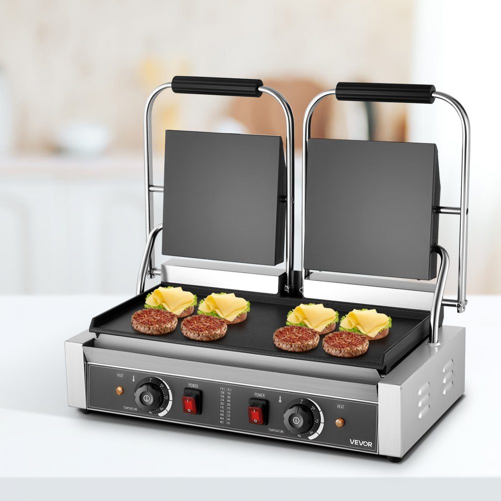 Gewerblicher Kontaktgrill 3600 W Elektrogrill Sandwichmaker (doppelte Backplatten) Paninipresse aus Edelstahl mit Temperaturregelung, 48 x 23 cm flache Emailleplatte, für Hamburger-Steak-Speck