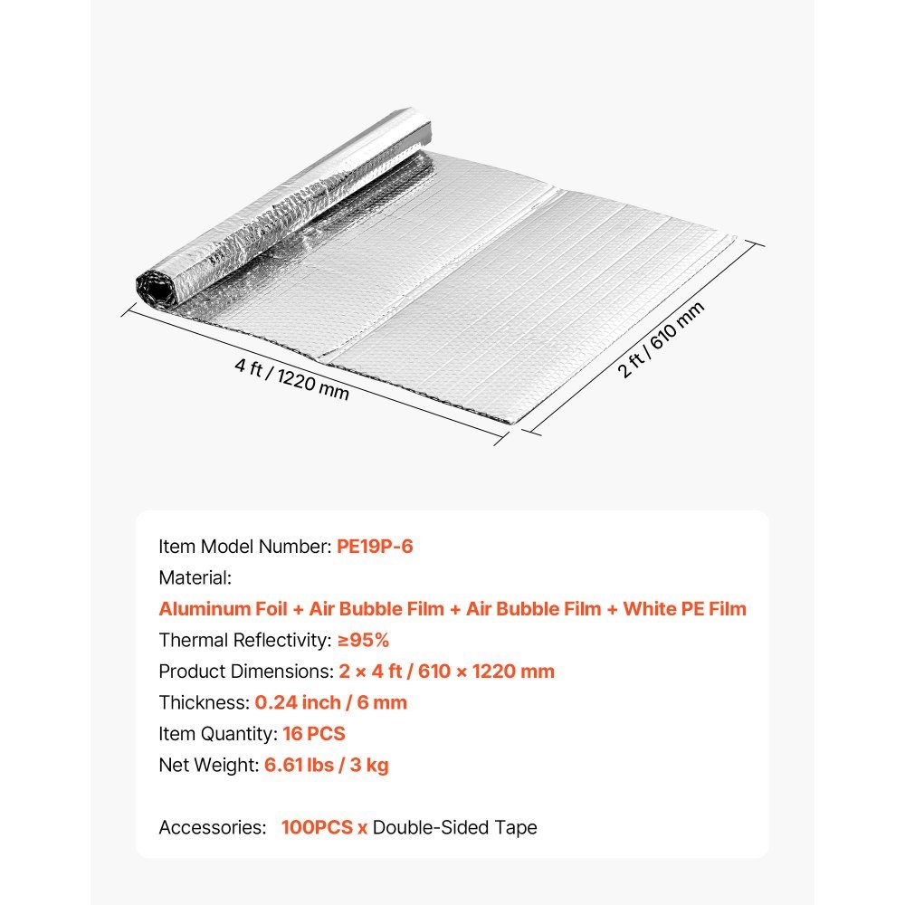Reflective Film 16 Pack 6mm Thick Aluminum Foil Insulation Film 24" x 48" Double Layer Heat Reflective Bubble Guard Thermal Insulation Rolls for Garage Door Window RV Roof