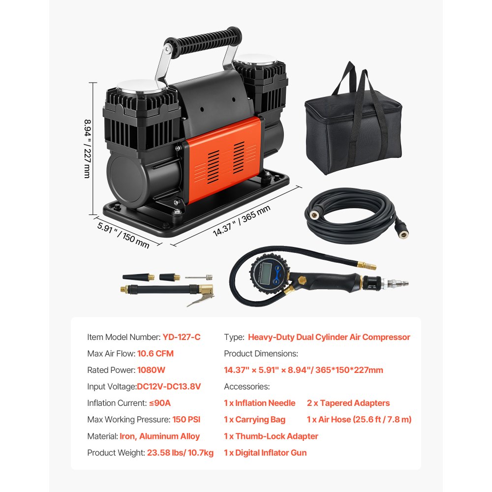 Zware luchtcompressor Dubbele cilinder 300 l/min Draagbare bandenpomp 12 V 150 PSI off-road luchtpomp met digitale manometer en adapters voor vrachtwagen, auto, SUV, SUV en camper Zware luchtcompressor Dubbele cilinder 300 l/min Draagbare bandenpomp 12 V 150 PSI off-road luchtpomp met digitale manometer en adapters voor vrachtwagen, auto, SUV, SUV en camper
