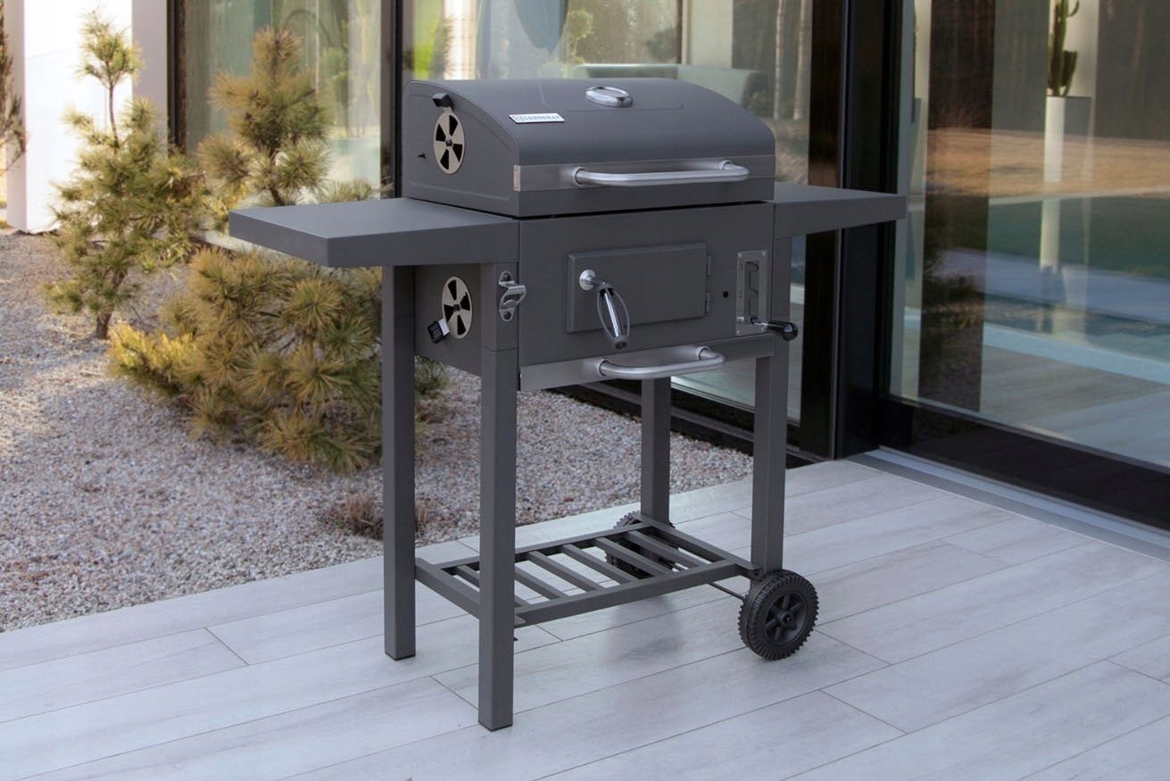 BBQ-Holzkohlegrill-Smoker-Set in Graphit mit höhenverstellbarem Deckel und 2 Seitenablagen