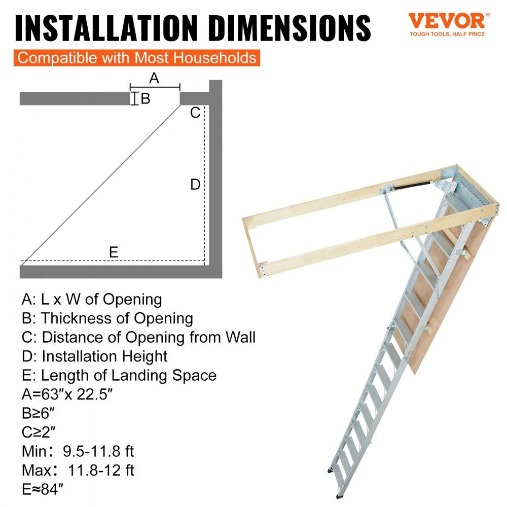 Telescopische ladder, 158,8 kg, trapladder, 12 treden, installatiehoogte van 290 tot 300 cm of 341 tot 366 cm, vouwladder, aluminium + hout, huishoudladder met hydraulisch gedempt afdaalontwerp
