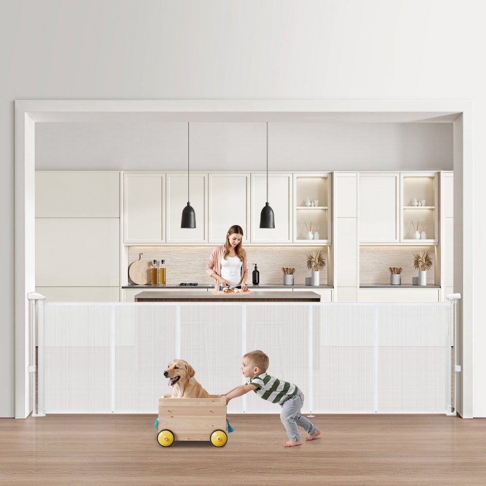 Extendable baby gate, dog gate, extendable to 280 cm wide / 87 cm high, pet gate, protective gate made of mesh material for indoor stairs, doors, hallways, playrooms, stair gates, white