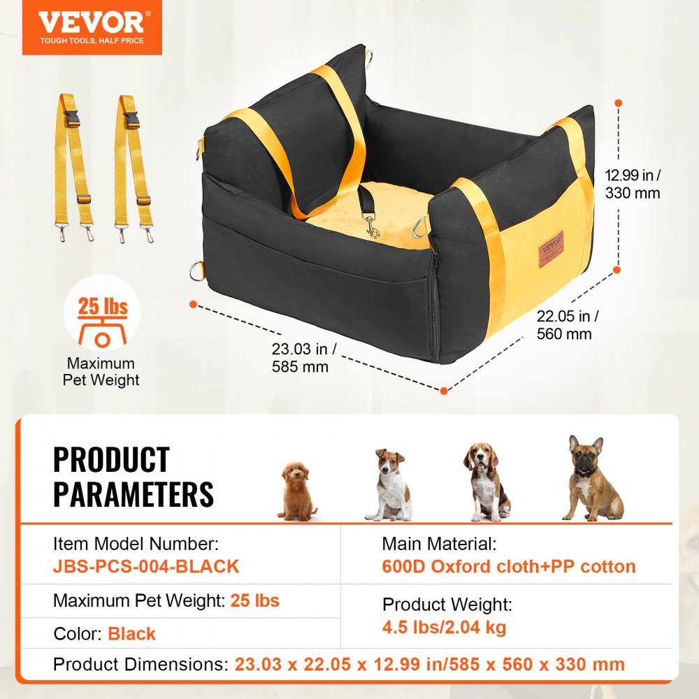 Dog Car Seat Booster Seat with Side Handles and Storage Bag, Attachable Safety Leash and PP Cotton Filling, Dog Car Bed for Small Dogs up to 25 Pounds, Black