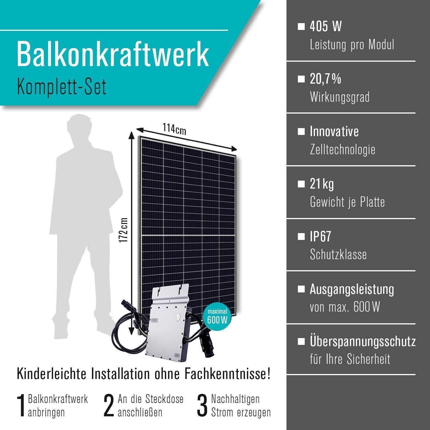 Balkonkraftwerk 810 W / 600 W Photovoltaik-Solaranlage steckerfertig
