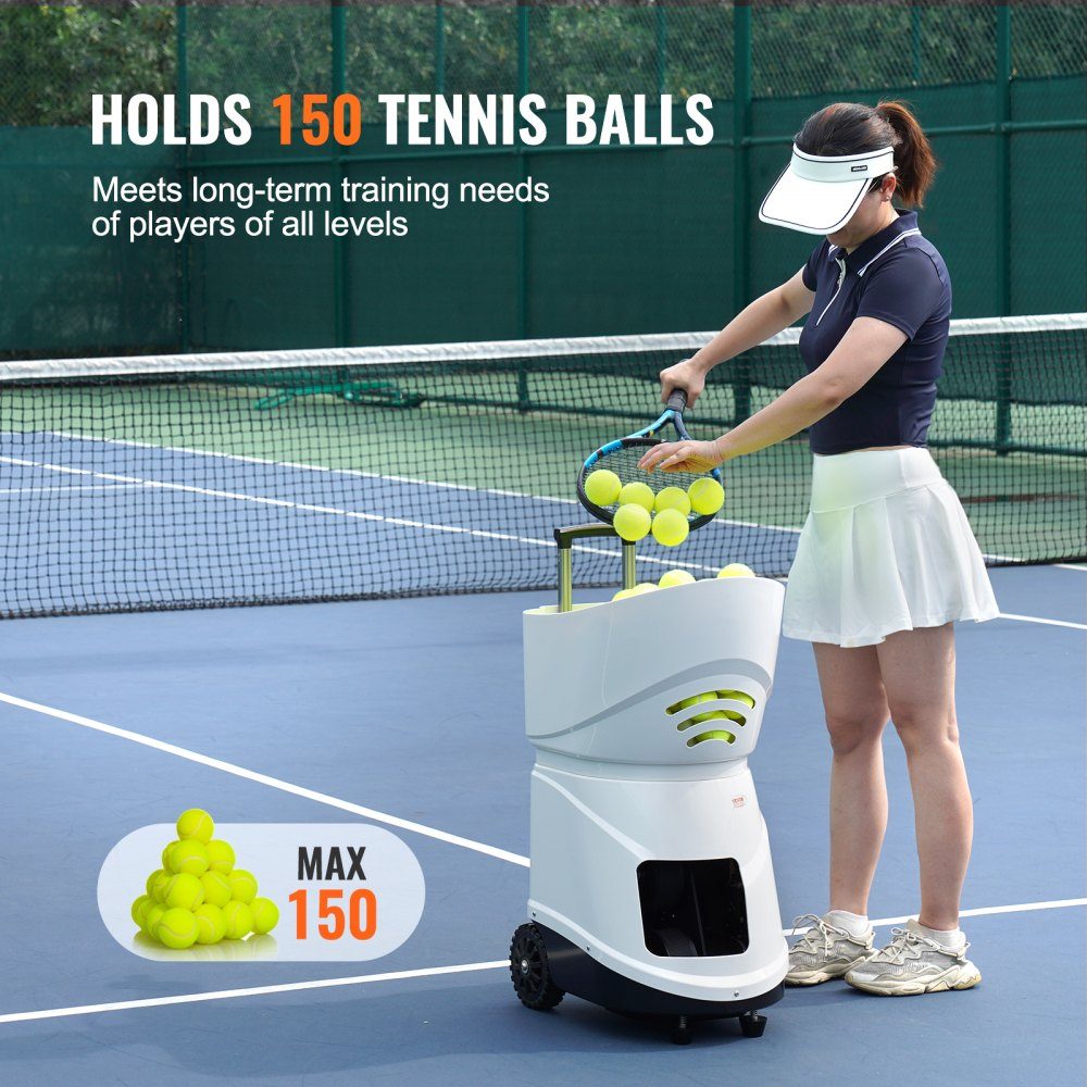 Tennisbalmachine, automatische draagbare tennisballenwerper, oefenwerper voor 150 ballen, tennistraining, 5 motoren, oefeningen in meerdere modi, meer dan 2 uur speeltijd, oplaadbare batterij, app-afstandsbediening