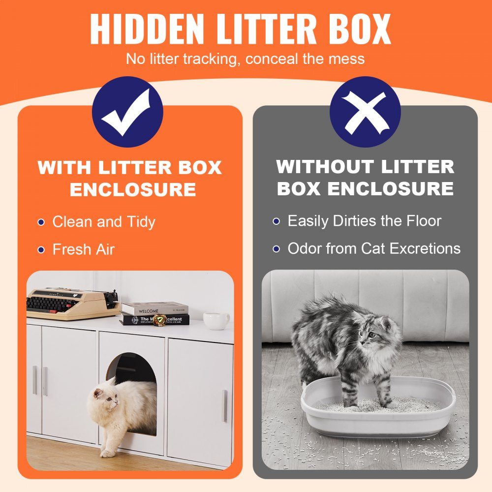 Cat Litter Box Enclosure for 2 Cats, Hidden Cat Litter Box Furniture with Double Rooms, Wooden Litter Box Cabinet, Fits Most Litter Boxes, 57.9"L x 18.3"W x 17.9"H, White