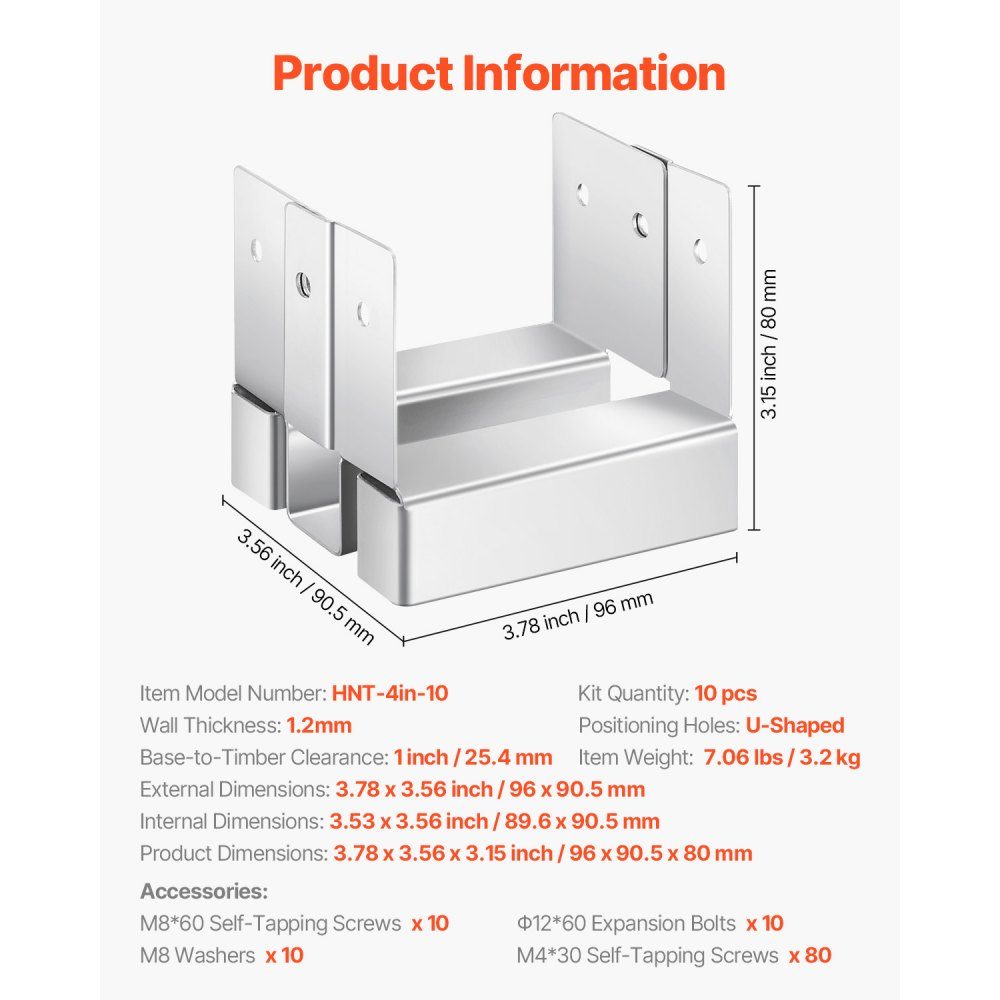 Supports de poteaux, 10 pièces, dimensions intérieures 89,6x90,5 mm pour poteaux 88,9x88,9 mm, ancrage de poteau en béton, pied de poteau en acier au carbone avec une hauteur d'espacement de 25,4 mm, pour pergolas et terrasses en béton