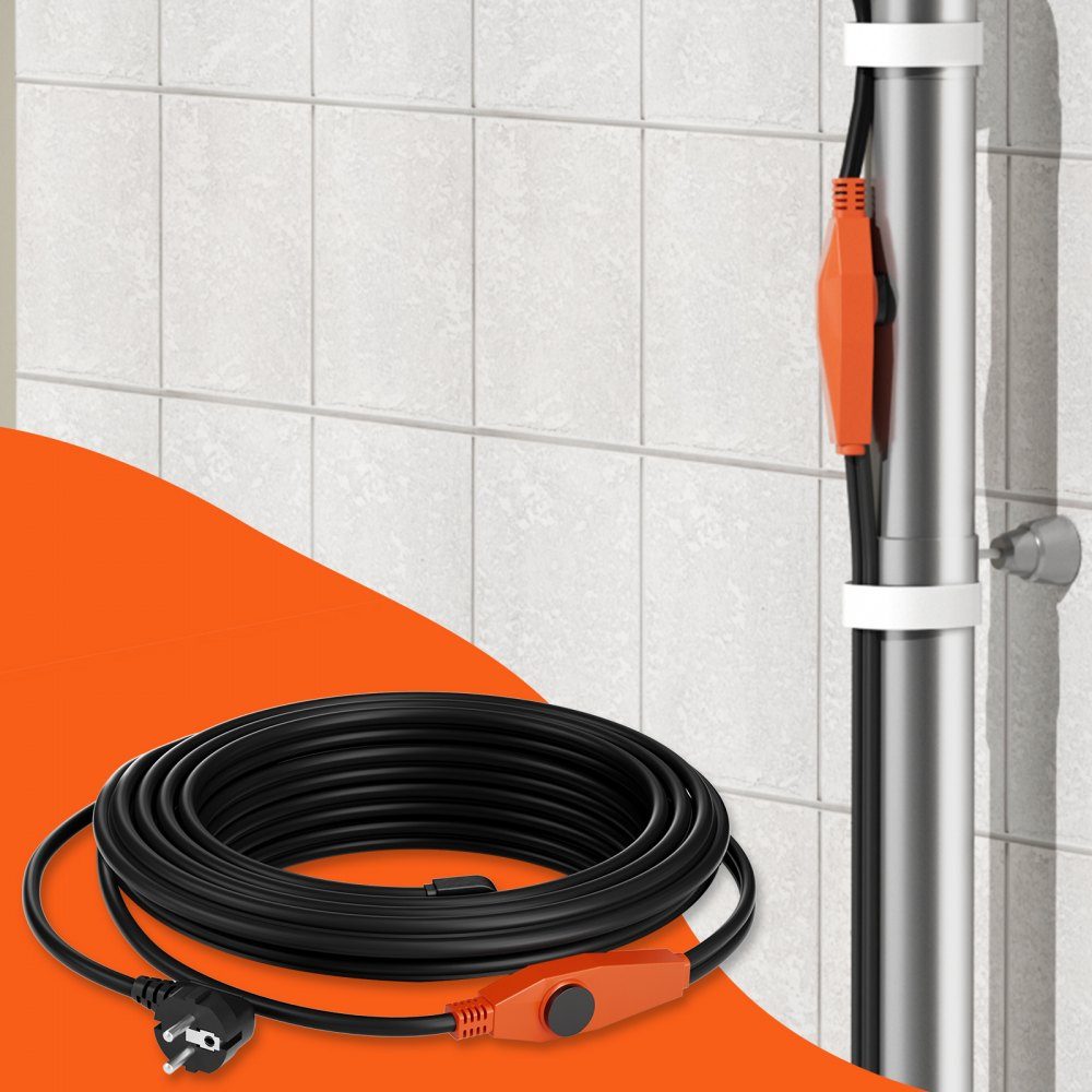 Frost Protection Heating Cable 9m 23W/m Pipe Heating Cable with Built-in Thermostat Pipe Heating Cable to Protect PVC Hoses, Metal & Plastic Pipes from Freezing