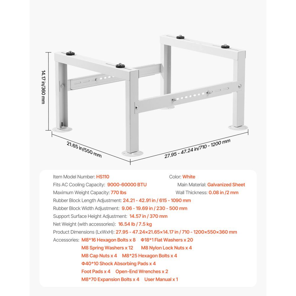 Air Conditioner Floor Stand, Anti-Vibration Mini Split Stand for 9000-60000 BTU Ductless Air Conditioner Heat Pumps, Floor Mount AC Base Bracket with Max 350kg Load Capacity