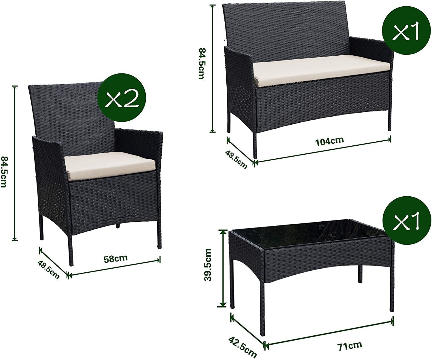 Ribelli 4 Piece Garden Furniture Set, Lounge Set, Cream Cushions - PE Rattan - Table Plus Two Chairs and 1 Bench - Convenient to Store (4 Pieces Black/Cream)