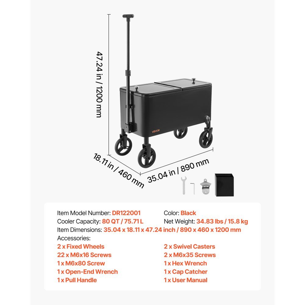 Kühlwagen Getränkewagen 75,71 L bis zu 50 Flaschen/110 Dosen, Beistellwagen für Terrassenpartys und Bars mit Cor-Teleskopgriff & Flaschenöffner & Kronkorkensammler, Getränkekühler schwarz