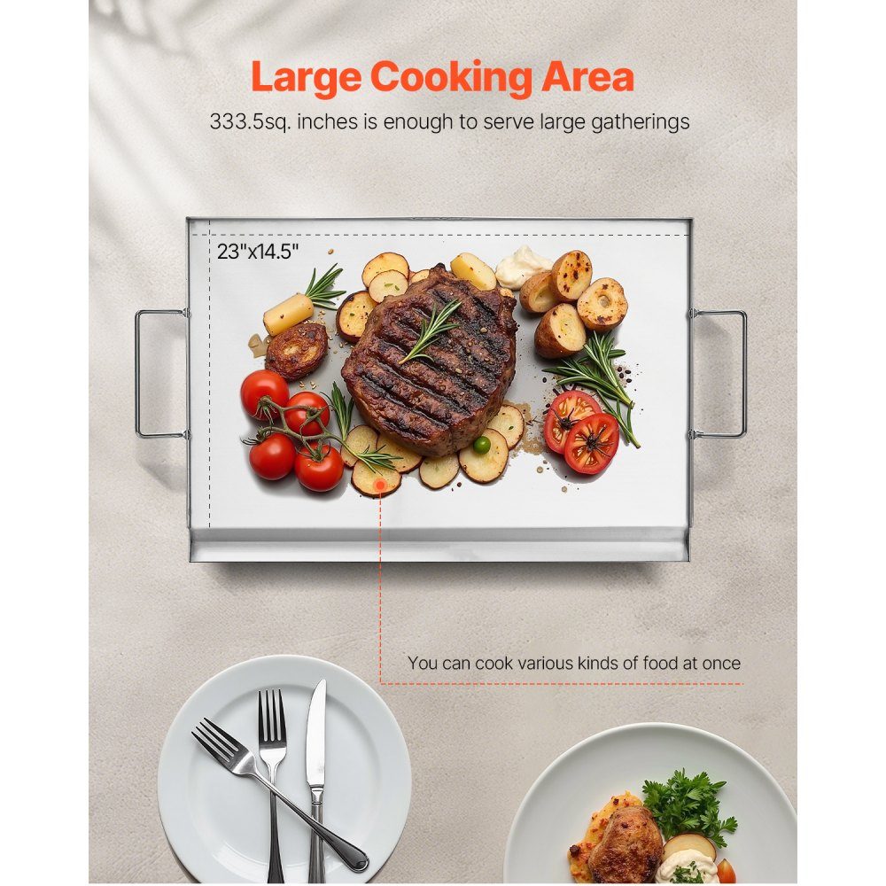 Plaque de gril Poêle à griller Plaque rectangulaire universelle en acier inoxydable (585 x 365 mm) avec dessus plat, plaque de cuisson à gaz pour barbecue Teppanyaki, batterie de cuisine familiale portable avec poignée