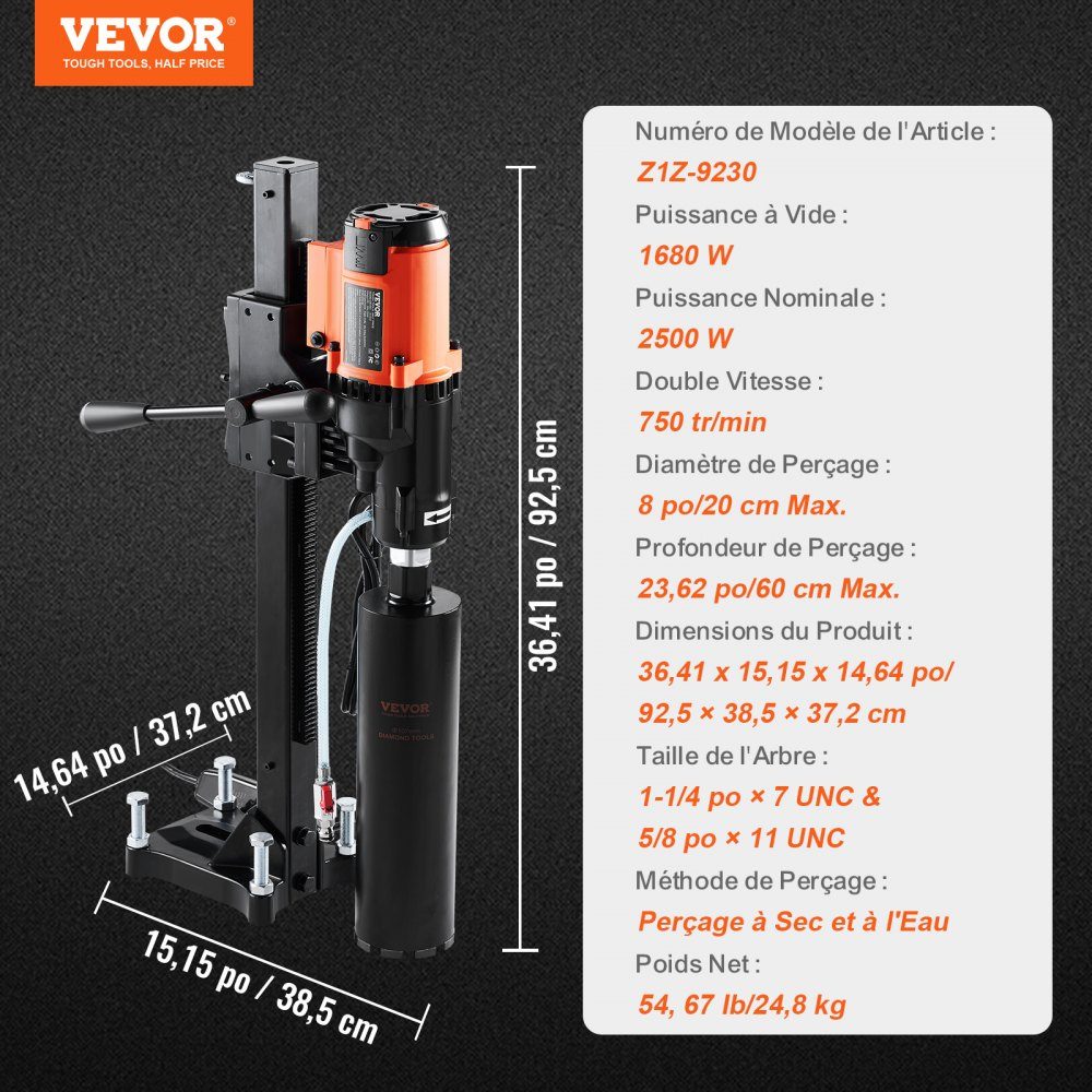 Diamantbohranlage 3200W Diamantkernbohrmaschine Kernbohrmaschine 0-750 U/min Kernbohrmaschine Nass- und Trockenbohren, 20cm Magnetbohrmaschine geeignet zum Bohren von Stahlbeton, Marmor usw